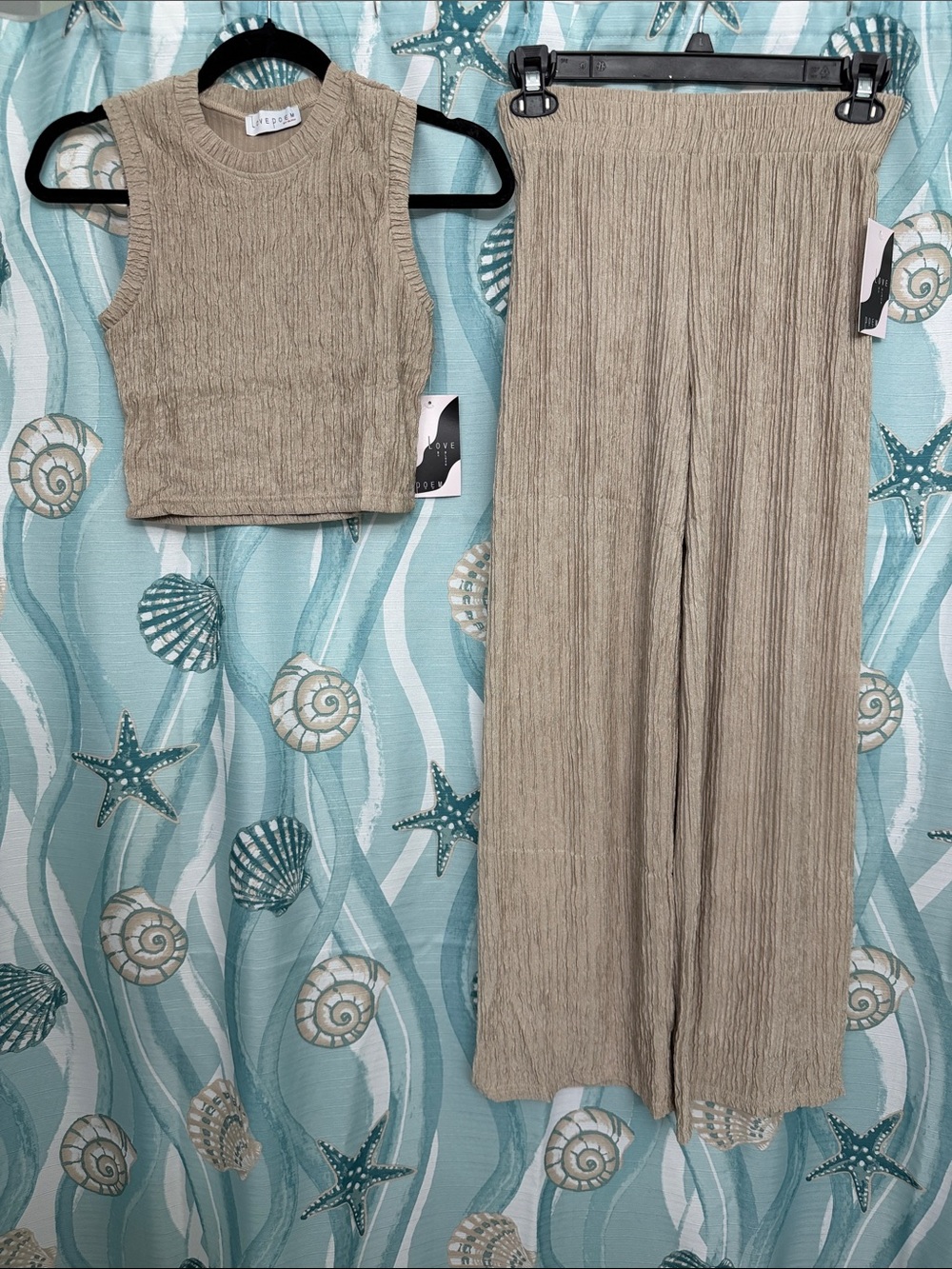 Ribbed Knit Sleeveless Crop Top & Wide Leg Pants Set - Neutral Beige